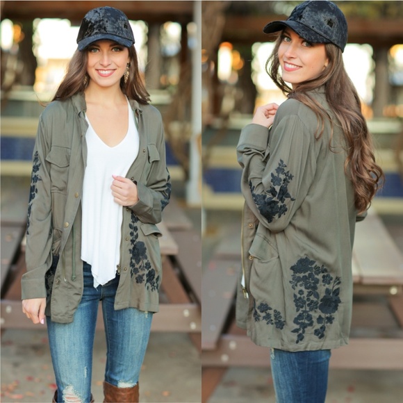 Infinity Raine Jackets & Blazers - LAST ONE! Olive Embroidered ZIP Up Hoodie Jacket